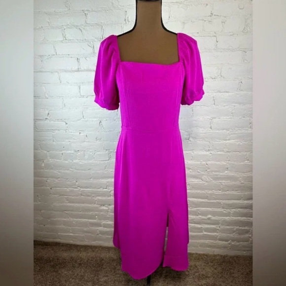 Monteau Los Angeles Pink Midi Square Neck, Puff Sleeved, Front Slit Dress Sz Lg - Picture 2 of 15
